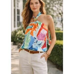 Lauren Ralph Lauren Silk Sz M Halter Tropical Colors Resort Wear Luxury EUC